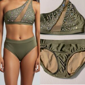 AA dance costume 2 piece set green custom sparkly rhinestoned premium XSA